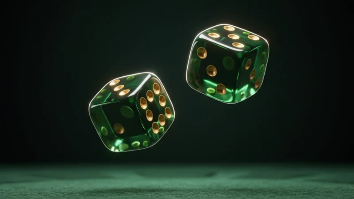 Green and gold dice on a dark table, representing KingExch9 account access to live game tables